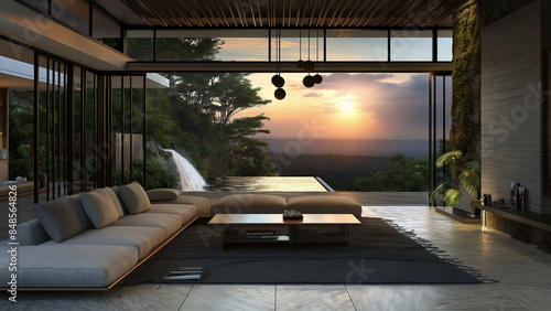Sophisticated luxury villas with beautiful views and stunning interiors, sunset view, forest © Villas