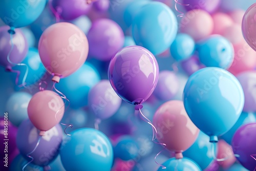 Blue, Violet and Turquoise Balloons Floating in the Air. Fun, Birthday Wallpaper.