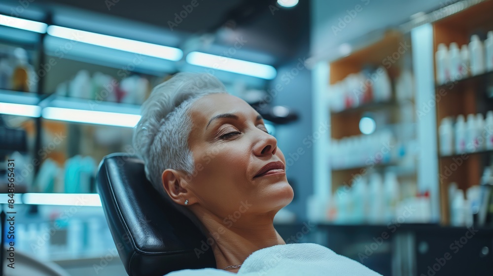 Beautiful mature woman receiving botox injection in her face at beauty salon Beautiful mature woman receiving botox injection in her face at beauty salon