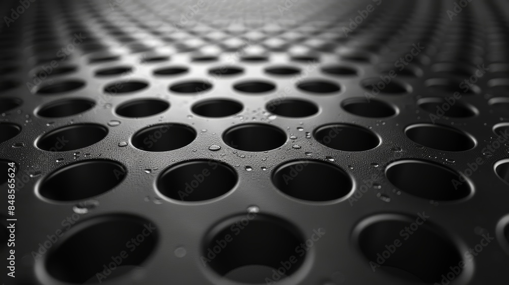 Abstract metal grid with circular holes, creating a repeating pattern. The background is blurred, adding depth and perspective. Abstract metal grid with circular holes, creating a repeating pattern. The background is blurred, adding depth and perspective.