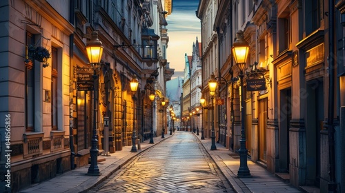 Elegant street in a historic city center with ornate lampposts in the evening