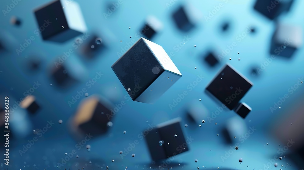 Abstract 3D rendering of black cubes floating in a blue background. A modern and futuristic image. Abstract 3D rendering of black cubes floating in a blue background. A modern and futuristic image.