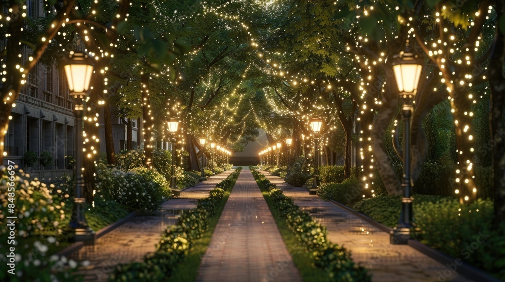Park avenue at dusk with illuminated pathways and decorative streetlights Park avenue at dusk with illuminated pathways and decorative streetlights