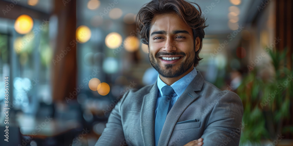 Fototapeta premium Happy Smiling Indian Business Man Leader Looks Ahead