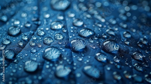 Close-up of water droplets on a blue surface.