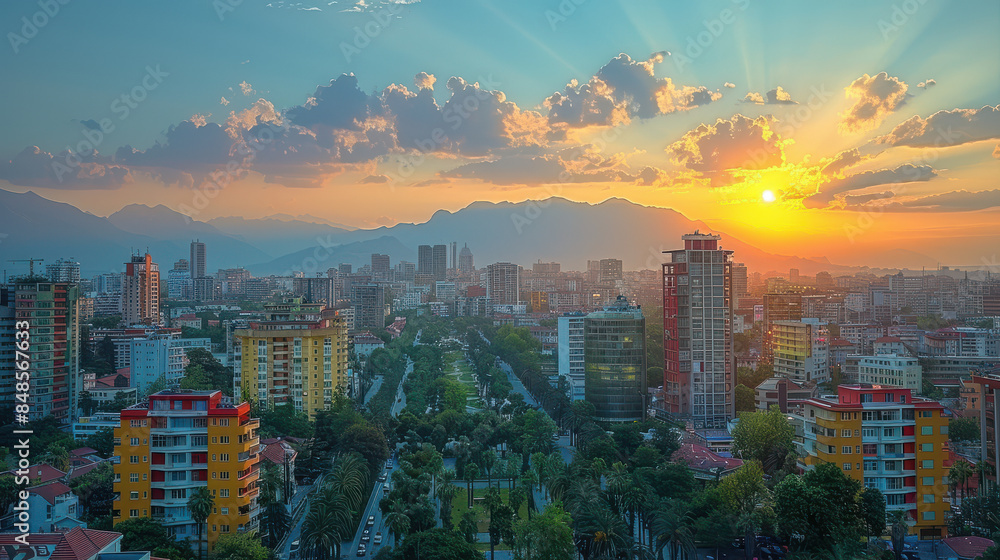 Fototapeta premium Tirana, Albania city skyline created with Generative AI technology