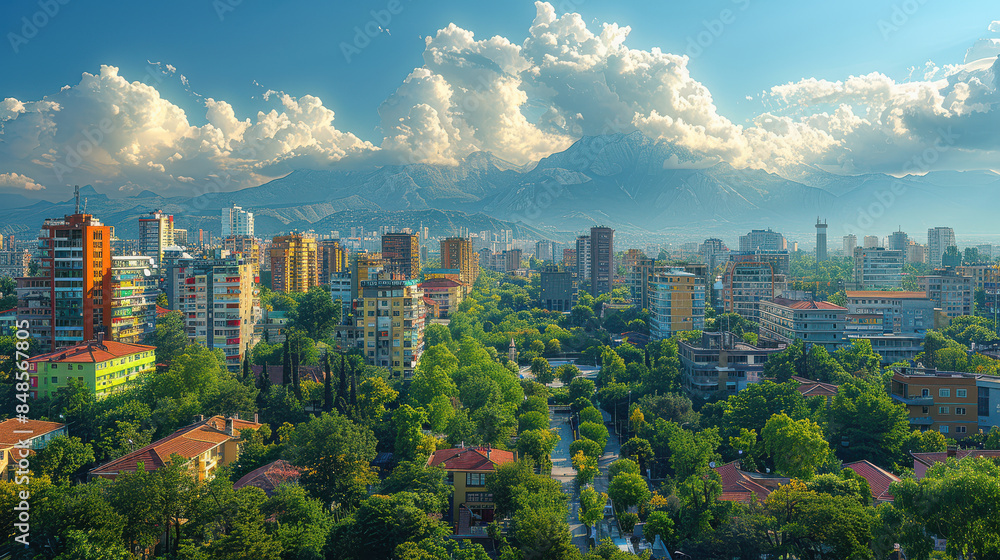 Fototapeta premium Tirana, Albania city skyline created with Generative AI technology