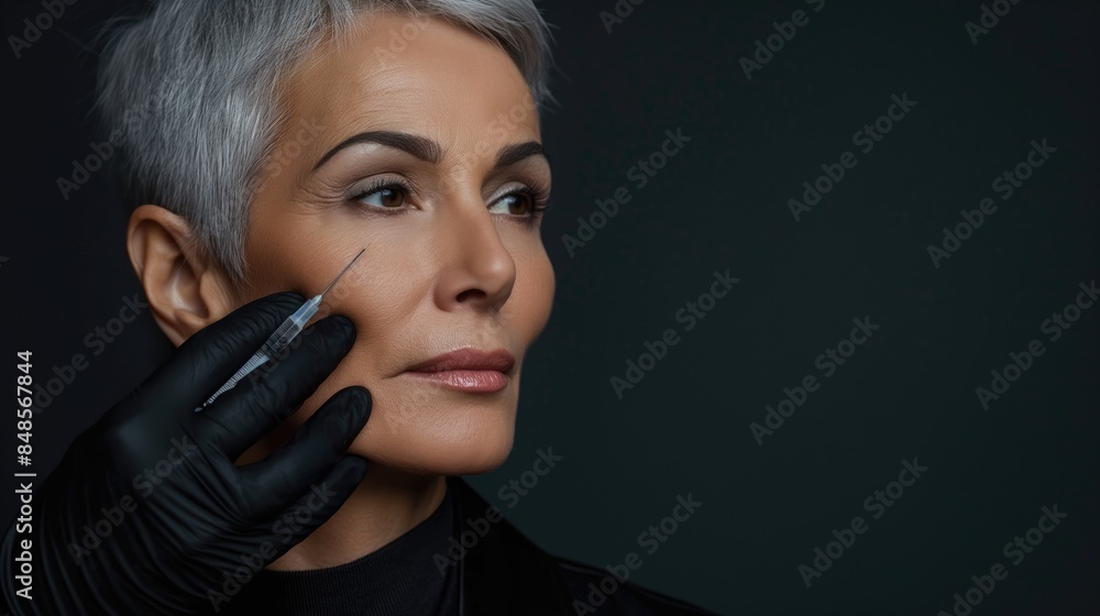 Beautiful mature woman receiving botox injection in her face at beauty salon, black background poster copy space Beautiful mature woman receiving botox injection in her face at beauty salon, black background poster copy space