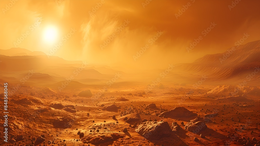 Atmospheric Panorama on the Surface of Mars. Martian Landscape Photo with Hazy Orange Sky Atmospheric Panorama on the Surface of Mars. Martian Landscape Photo with Hazy Orange Sky