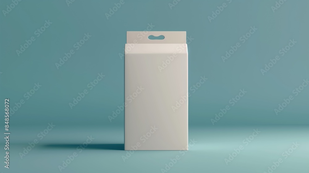 White cardboard box with hanging hole on teal background. White cardboard box with hanging hole on teal background.
