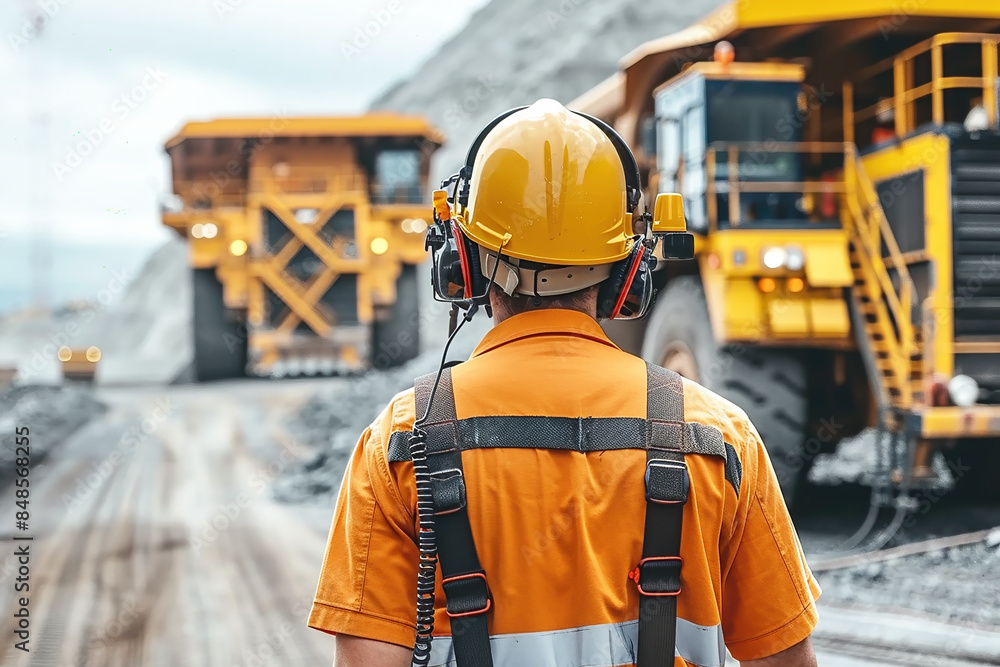 Man in fluorescent orange work clothes supervising a huge coal mining dump truck at a coal mine. Man in fluorescent orange work clothes supervising a huge coal mining dump truck at a coal mine.