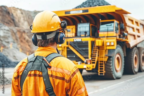 Man in fluorescent orange work clothes supervising a huge coal mining dump truck at a coal mine.