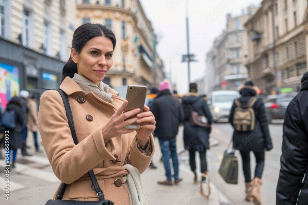 Obraz premium Mobile phone selfie of young woman, beautiful Ukrainian woman, looking into the camera, lifestyle influencer, wearing fashionable clothes