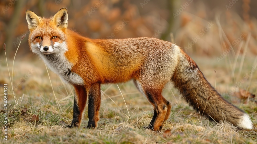 A spring hunting red fox with a white tipped tail A spring hunting red fox with a white tipped tail
