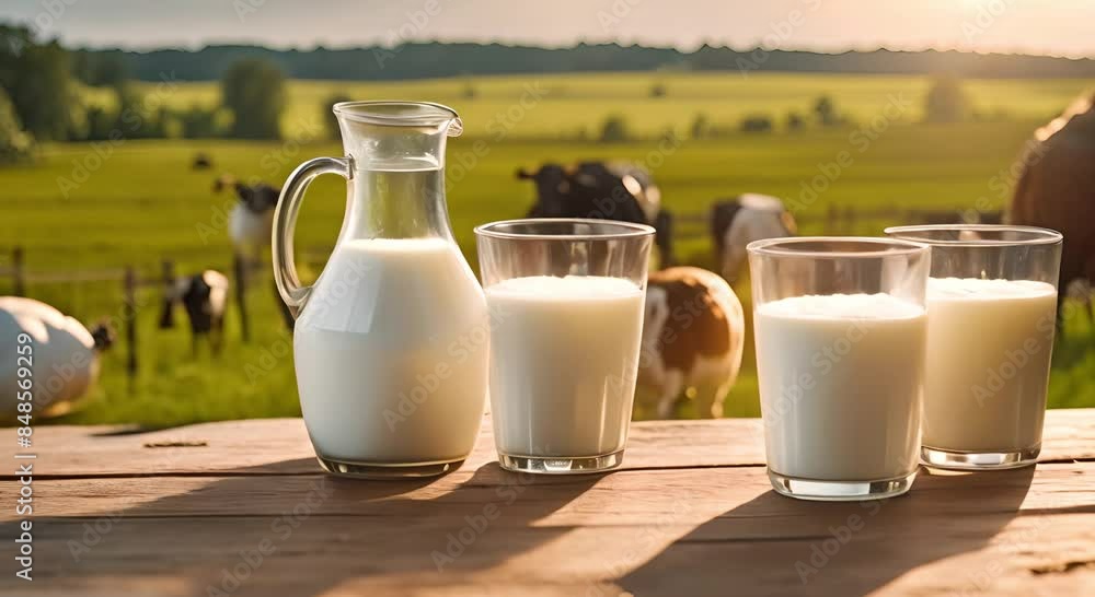 Milk jug and glass on rustic wooden table with cow farm background Milk jug and glass on rustic wooden table with cow farm background