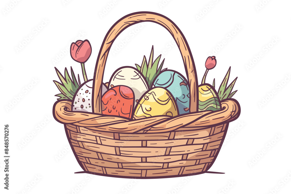  Vector art illustration easter basket with easter eggs on a white background a drawing of a basket of eggs in grass and a drawing of grass and a tree branch basket of painted generative ai