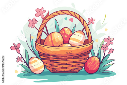  Vector art illustration easter basket with easter eggs on a white background a drawing of a basket of eggs in grass and a drawing of grass and a tree branch basket of painted generative ai