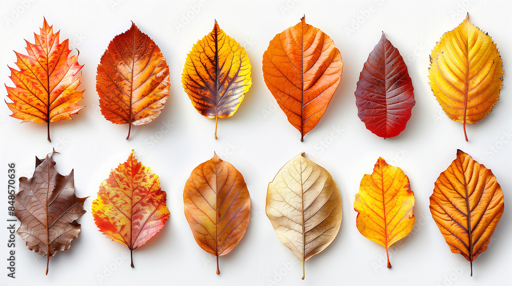 Fototapeta premium A vibrant collection of red, orange, and yellow autumn leaves isolated on white