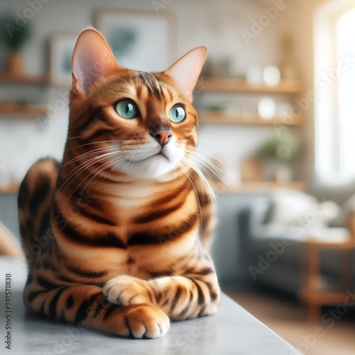  A satisfied Bengal cat sits and looks to the side. © Lab