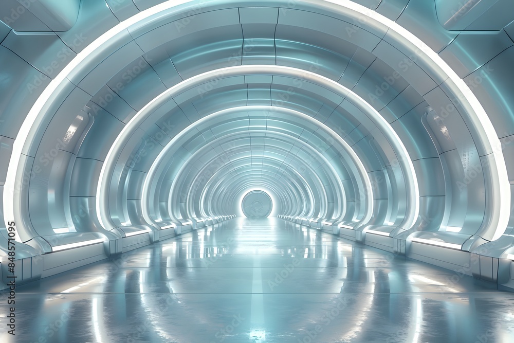 Futuristic Interior with Glossy Concrete Surfaces and Science Fiction Lighting Panels. Modern Tech Background Futuristic Interior with Glossy Concrete Surfaces and Science Fiction Lighting Panels. Modern Tech Background