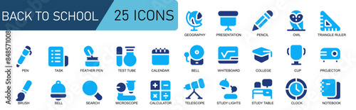 icon set school education.style duo tone.contains TRIANGLE RULER,PROJECTOR,CUP,COLLEGE,GRADUATION,WHITEBOARD,BELL. 