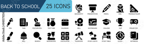 icon collection back to school.black solid style.contains SEARCH,RESEARCH,MICROSCOPE,CALCULATOR,TELESCOPE,SPACE,STUDY LIGHTS,STUDY TABLE,CLOCK,NOTEBOOK.