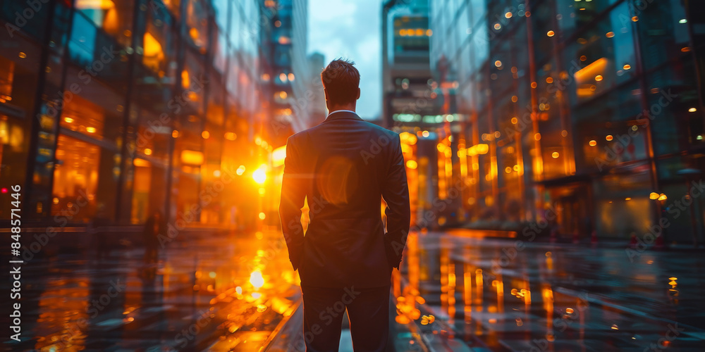 Back of Businessman in Suit with Business Office Background Back of Businessman in Suit with Business Office Background