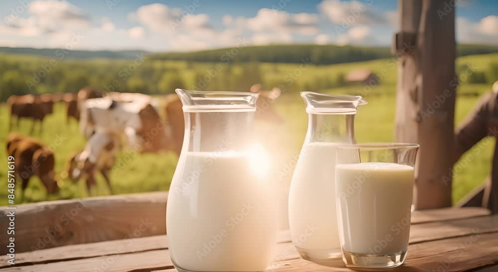 Milk jug and glass on rustic wooden table with cow farm background Milk jug and glass on rustic wooden table with cow farm background