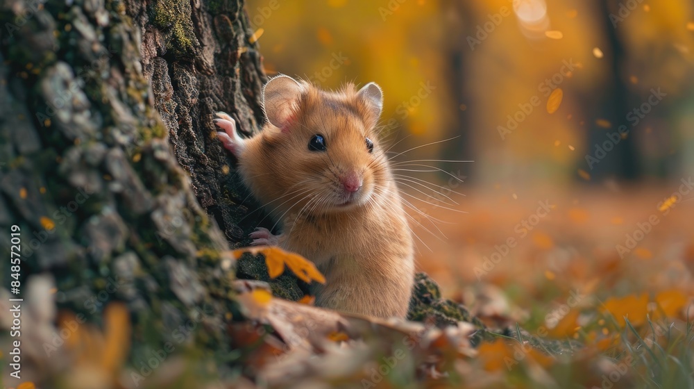 A single European hamster standing next to a tree A single European hamster standing next to a tree