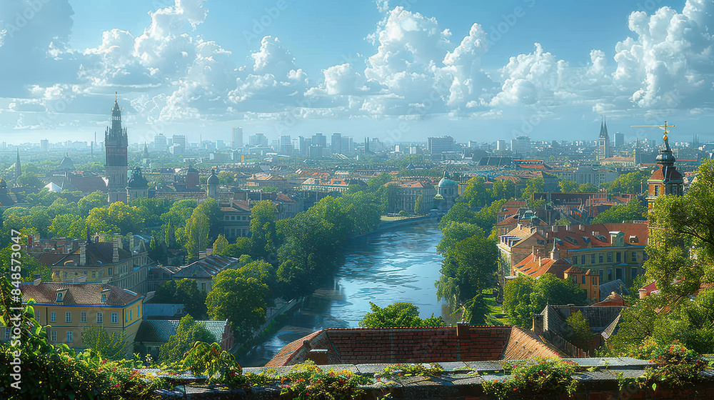 Fototapeta premium Warsaw, Poland city skyline created with Generative AI technology