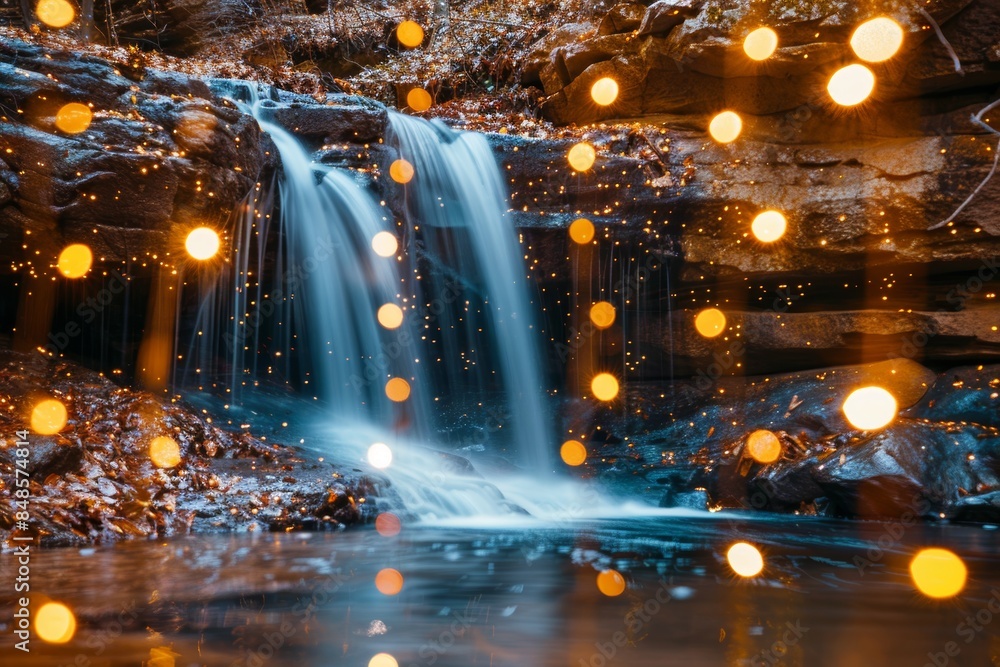 Enchanting discovery hidden waterfall in a magical forest with glowing fireflies Enchanting discovery hidden waterfall in a magical forest with glowing fireflies