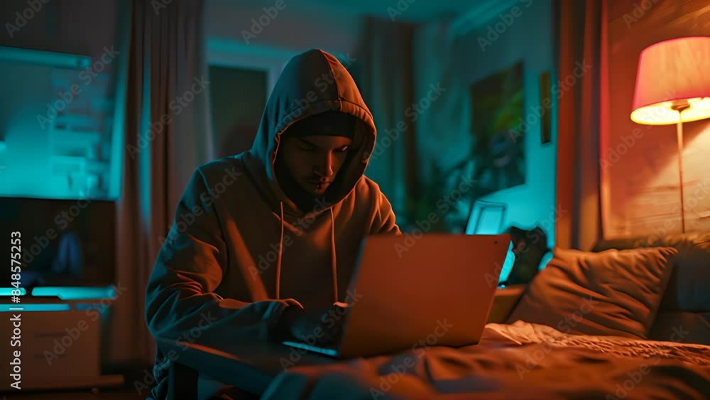Hooded Man Working on Laptop at Night with Ai generated.
Hooded Man Working on Laptop at Night with Ai generated.