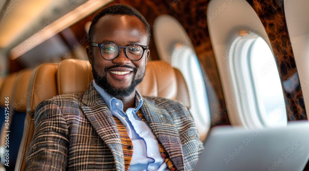 A man wearing glasses and jacket is sitting in airplane seat with a laptop in front of him, people in business class A man wearing glasses and jacket is sitting in airplane seat with a laptop in front of him, people in business class