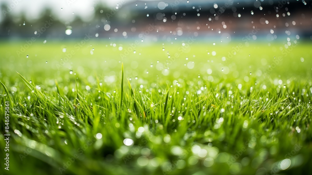 Obraz premium Close-up View of Wet Green Grass with Dew Drops in Bright Sunlight