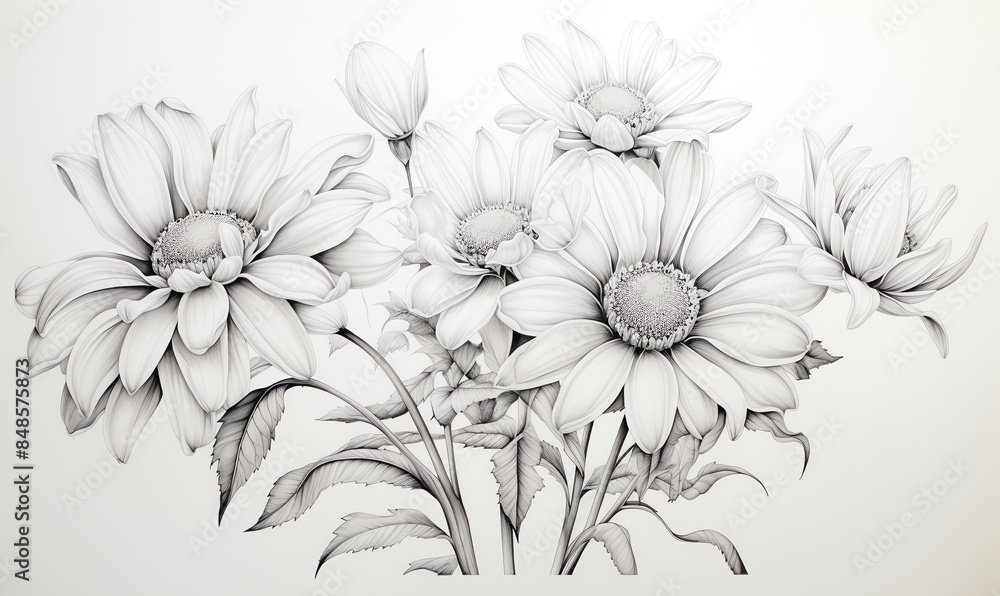 Detailed Pencil Drawing of a Bouquet of White Flowers Detailed Pencil Drawing of a Bouquet of White Flowers