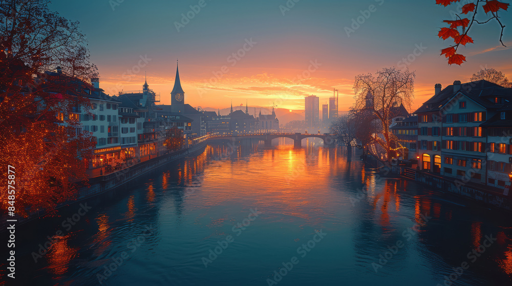 Fototapeta premium Zurich, Switzerland city skyline created with Generative AI technology