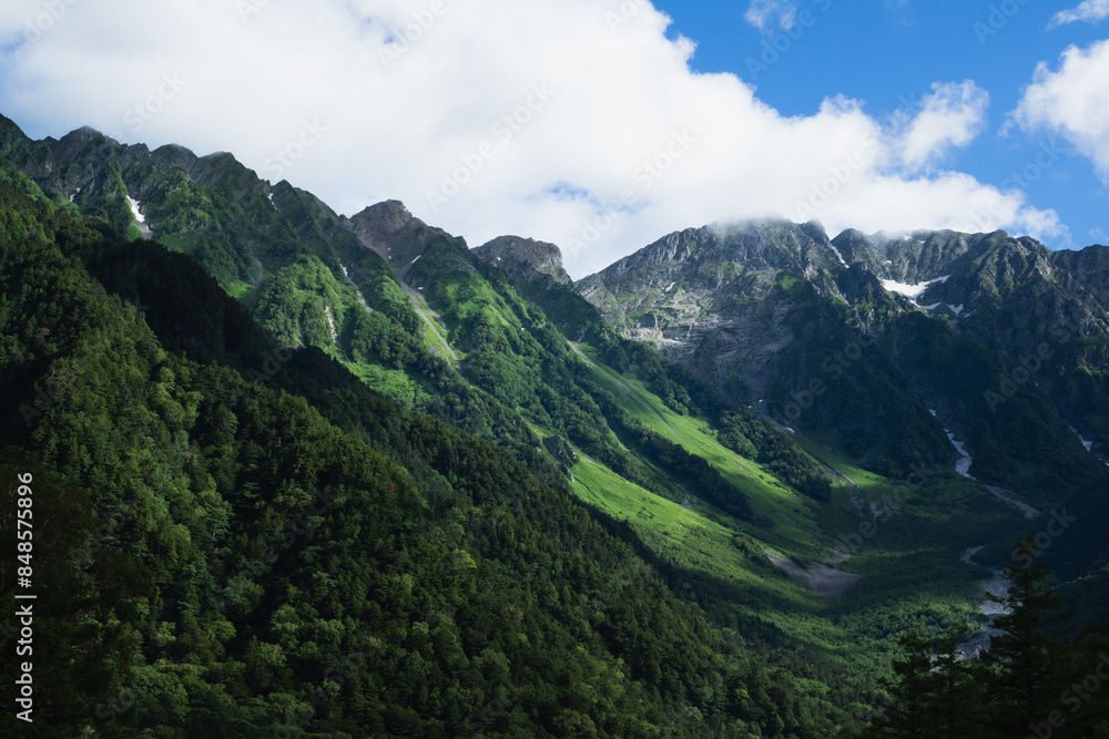 Obraz premium 上高地から見た夏の雄大な山々