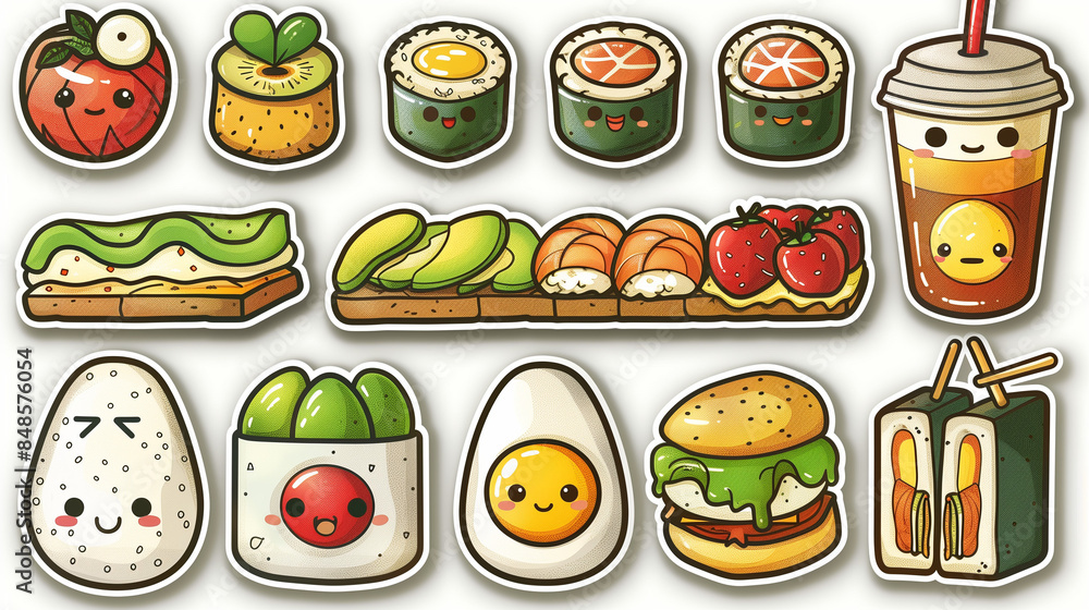 A collection of food and drink icons featuring burgers, pizza, sandwiches, and more in a cartoon style A collection of food and drink icons featuring burgers, pizza, sandwiches, and more in a cartoon style