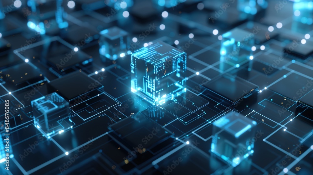 Fototapeta premium High-detail 8K 3D rendering of glowing cubes and lines on a dark blue background representing technology and data science. Central large cube surrounded by smaller ones with blue frosted glass and whi