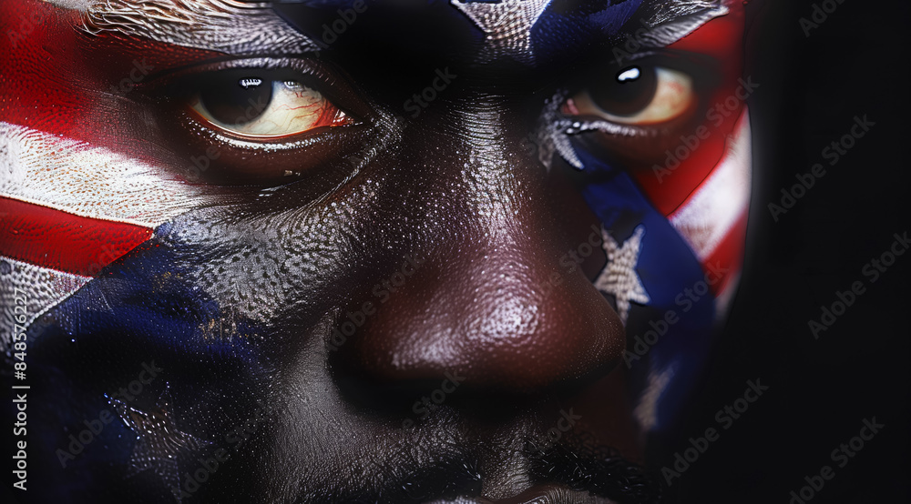 A man with a face painted in American flag colors, US Independence Day 4th of July concept A man with a face painted in American flag colors, US Independence Day 4th of July concept