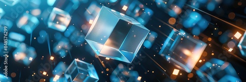 High-detail 8K 3D rendering of glowing cubes and lines on a dark blue background representing technology and data science. Central large cube surrounded by smaller ones with blue frosted glass and whi photo