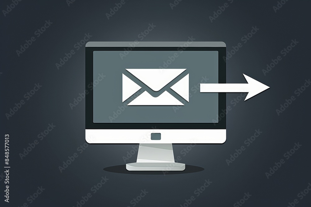 Symbolic white envelope with arrow pointing to computer screen representing email delivery Symbolic white envelope with arrow pointing to computer screen representing email delivery