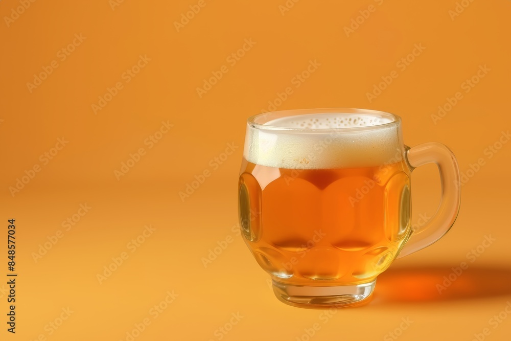 A mug of amber beer with a frothy head on an orange background, highlighting its rich color and bubbles. A mug of amber beer with a frothy head on an orange background, highlighting its rich color and bubbles.
