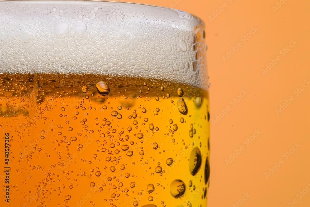 Close-up of a beer glass filled with bubbles against an orange gradient background Close-up of a beer glass filled with bubbles against an orange gradient background