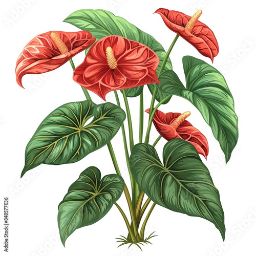A anthurium clipart, house plant element, green and red, isolated on white background