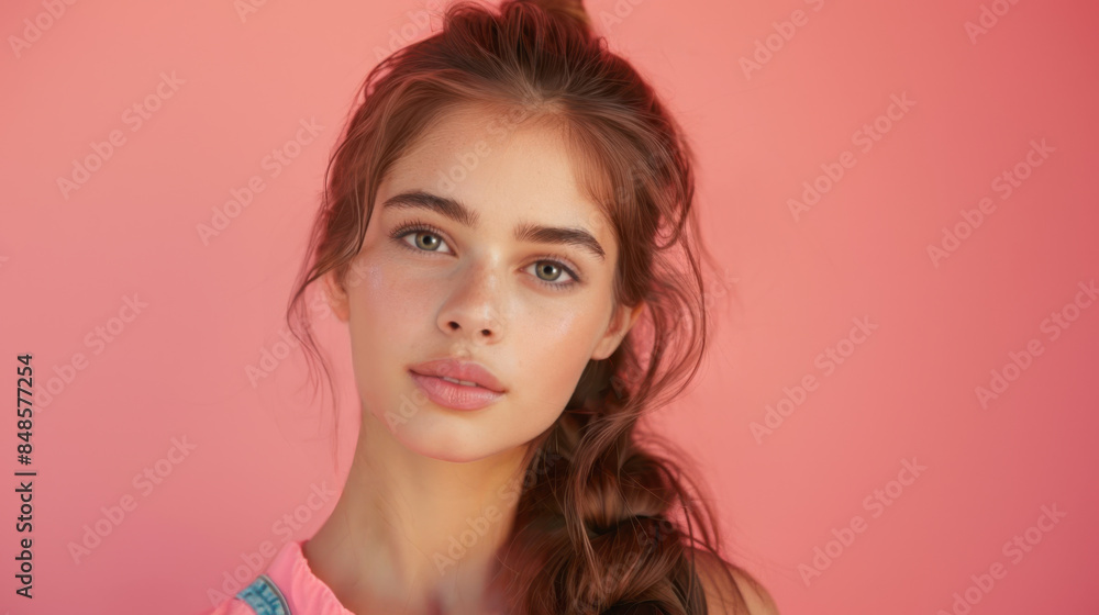 A beautiful teenage model with her hair pulled back and ending in a long, loosely braided ponytail. Natural complexion. Copy space. A beautiful teenage model with her hair pulled back and ending in a long, loosely braided ponytail. Natural complexion. Copy space.