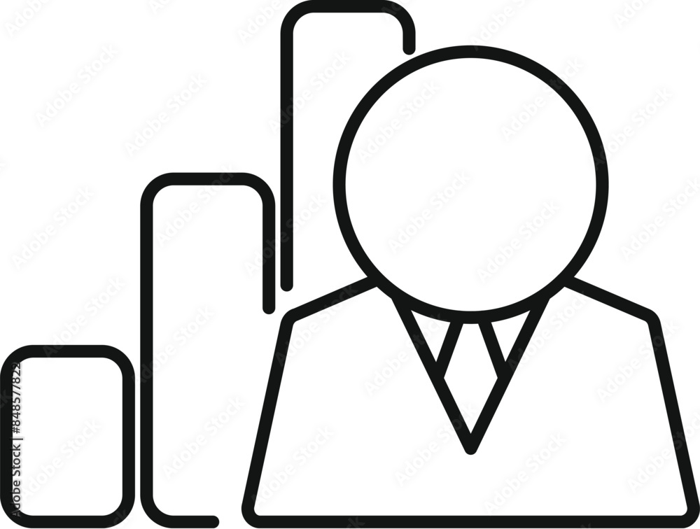 Line art icon of a businessman standing next to a growing bar chart, representing business success Line art icon of a businessman standing next to a growing bar chart, representing business success