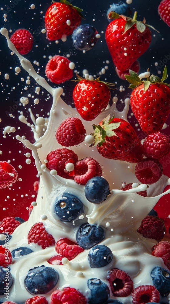 Strawberries, blueberries, and raspberries falling into yogurt, causing splashes. Berries are scattered around, creating a vibrant scene with strawberry, blueberry, and raspberry yogurt.
Strawberries, blueberries, and raspberries falling into yogurt, causing splashes. Berries are scattered around, creating a vibrant scene with strawberry, blueberry, and raspberry yogurt.