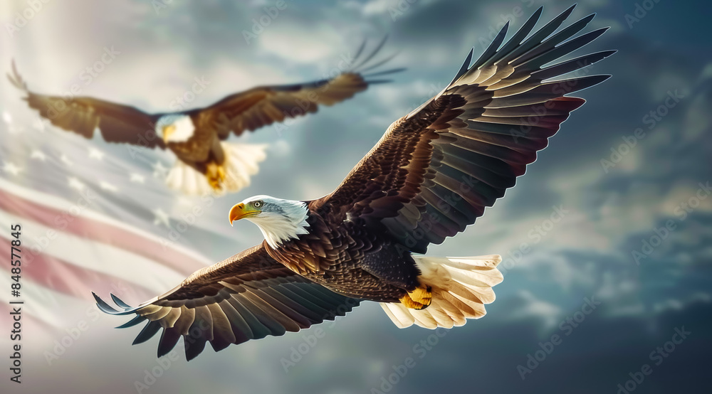 Naklejka premium Two eagles flying over a flag, US Independence Day 4th of July concept