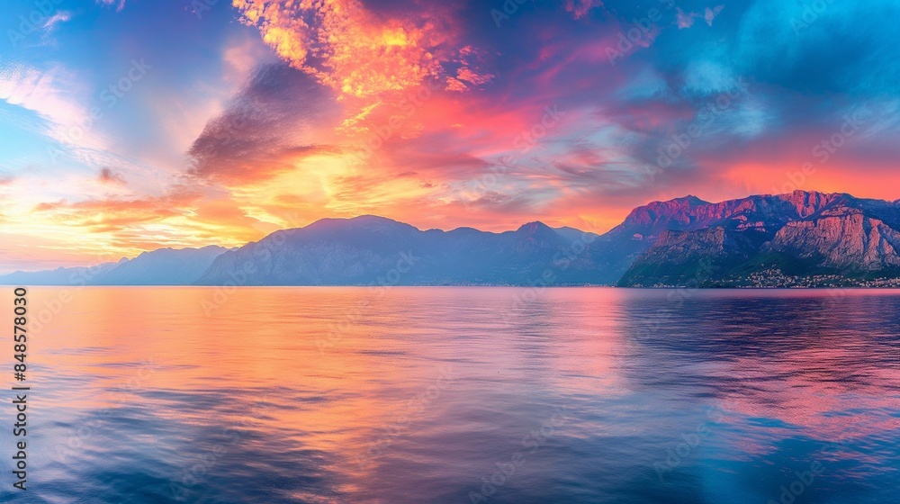 Sunset over mountain range reflecting on calm lake with colorful clouds. Sunset over mountain range reflecting on calm lake with colorful clouds.